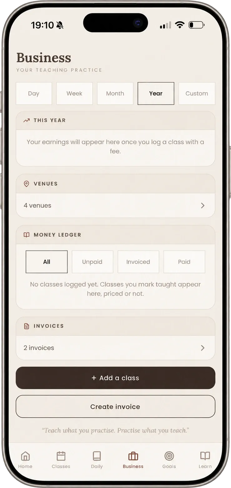 Business screen in Balanced with venues, money ledger and invoices