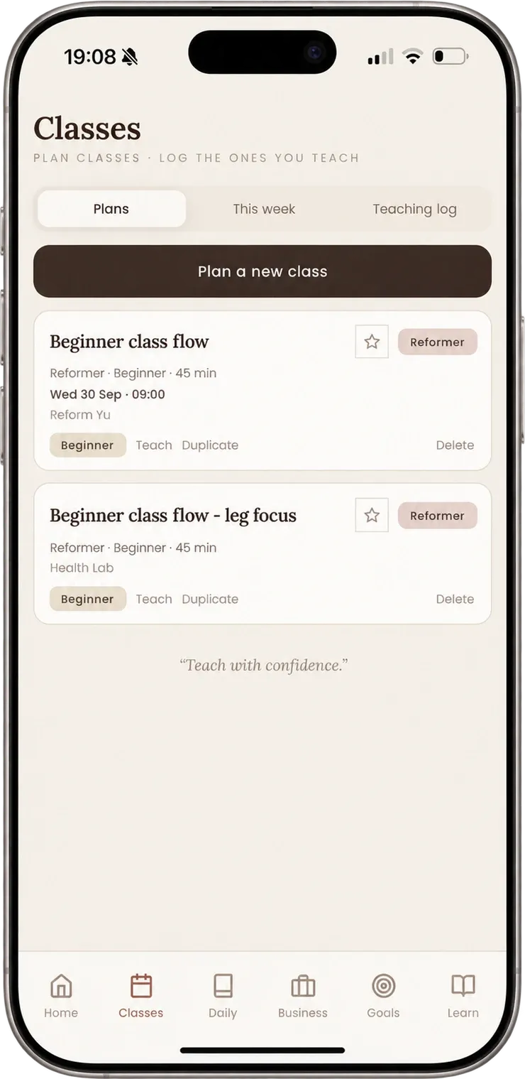 Classes screen in Balanced showing saved reformer class plans